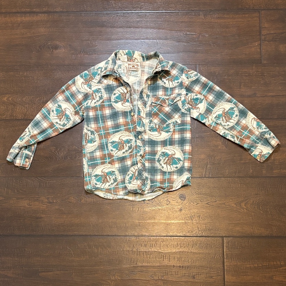 Vintage Kids Plaid Button-Down Shirt with Cowboy Medallion - Blue & Brown